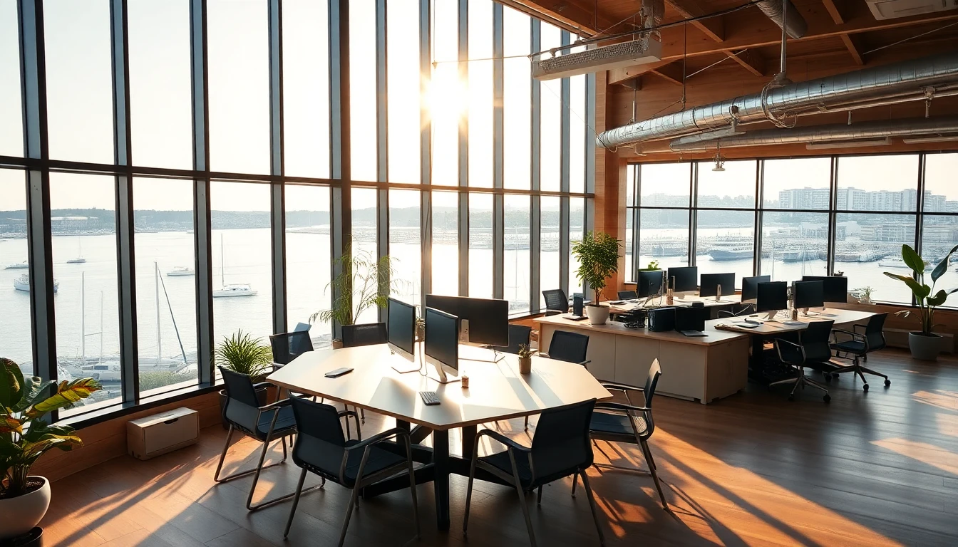 easy.bi Hamburg headquarters with harbor view, modern open-plan office with golden hour light