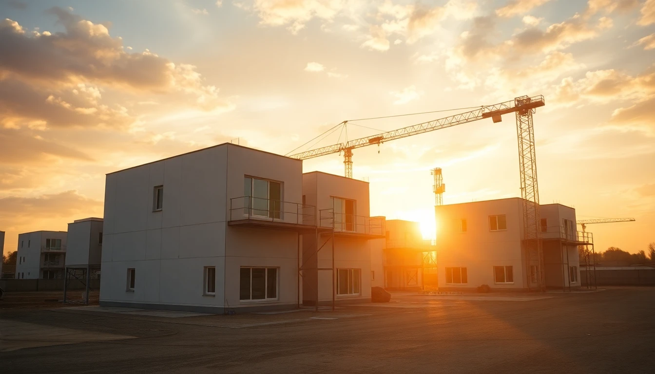 Prefabricated house modules being assembled by crane at golden hour on a clean, organized construction site