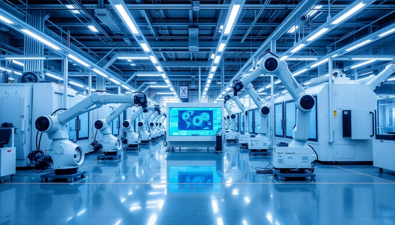 Clean modern factory floor with robotic arms, CNC machines, and digital monitoring screens under blue-white LED lighting