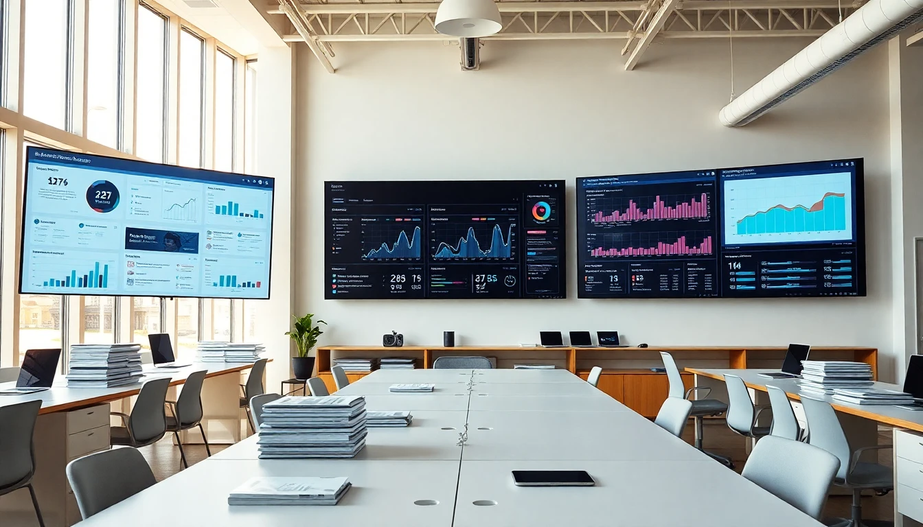 Modern editorial newsroom with large screens showing content dashboards, warm natural light, and open plan workspace