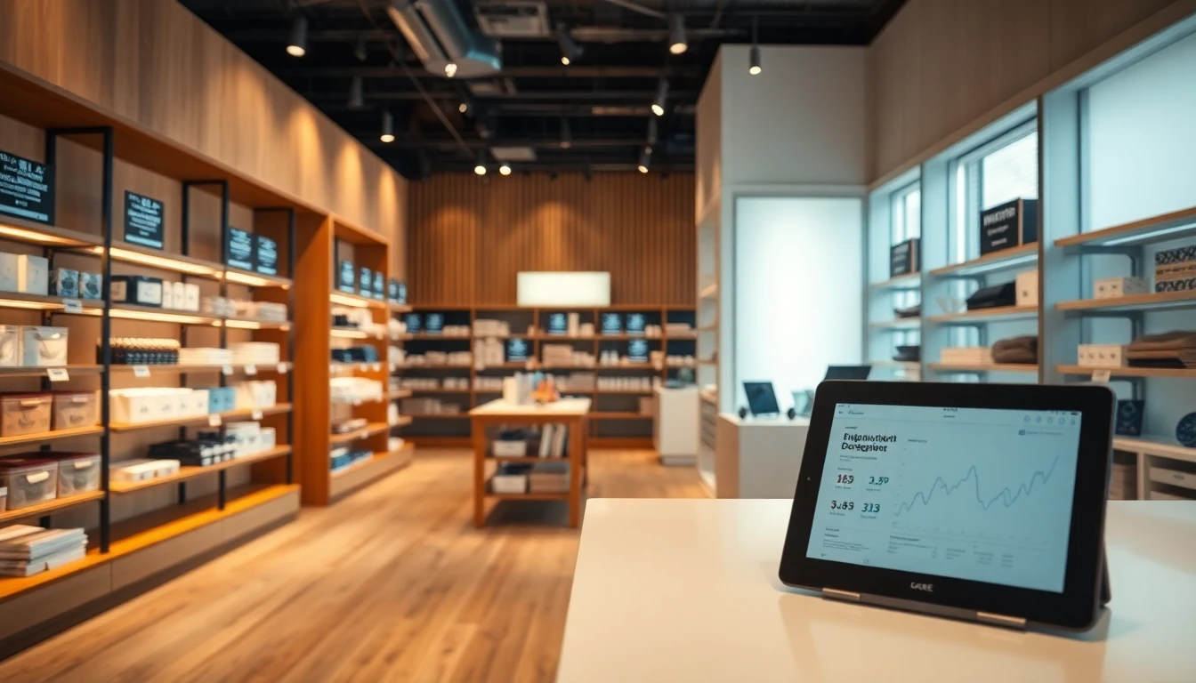 Modern retail store interior with digital price tags, clean product shelving, and analytics tablet on counter