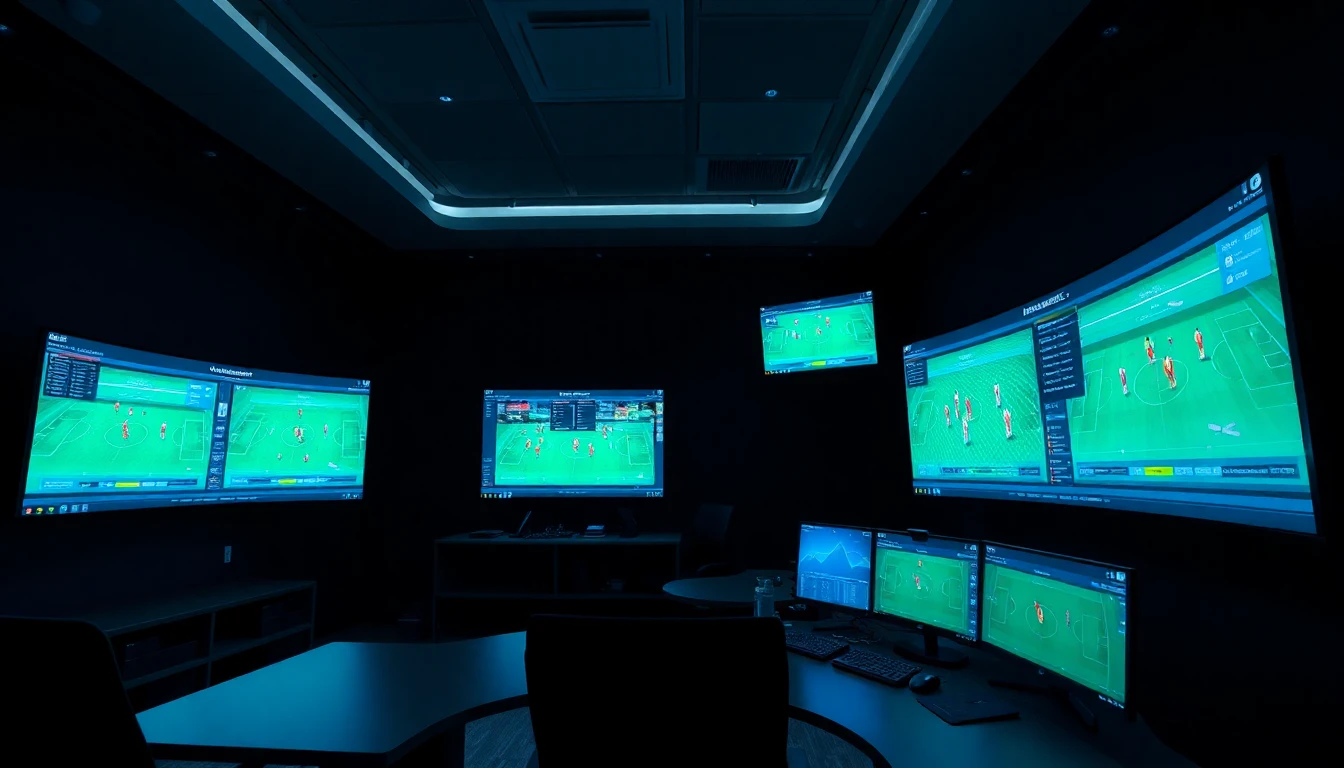 Modern sports analytics room with multiple screens showing match data heatmaps and player tracking in a dark room with screen glow