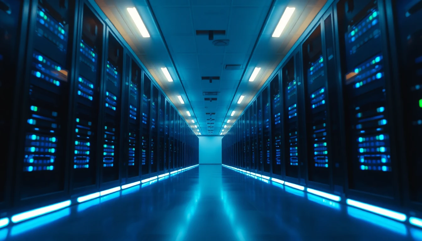 Data center corridor with blue LED server rack lights in geometric perspective with cool tones and warm overhead accents