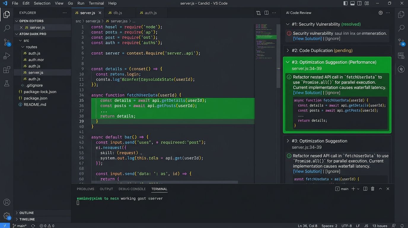 AI-assisted code review session showing automated suggestions on a pull request