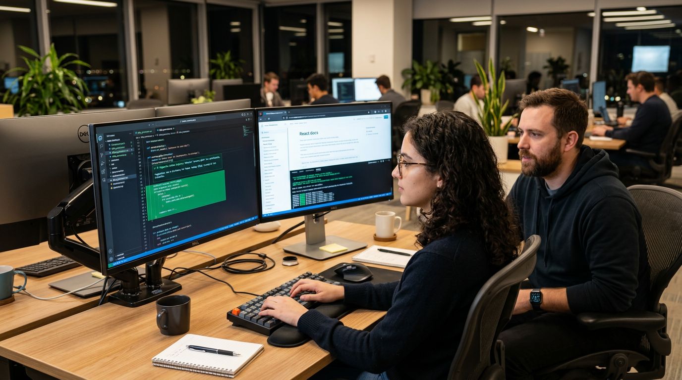 Developer using AI pair programming assistant for enterprise software development