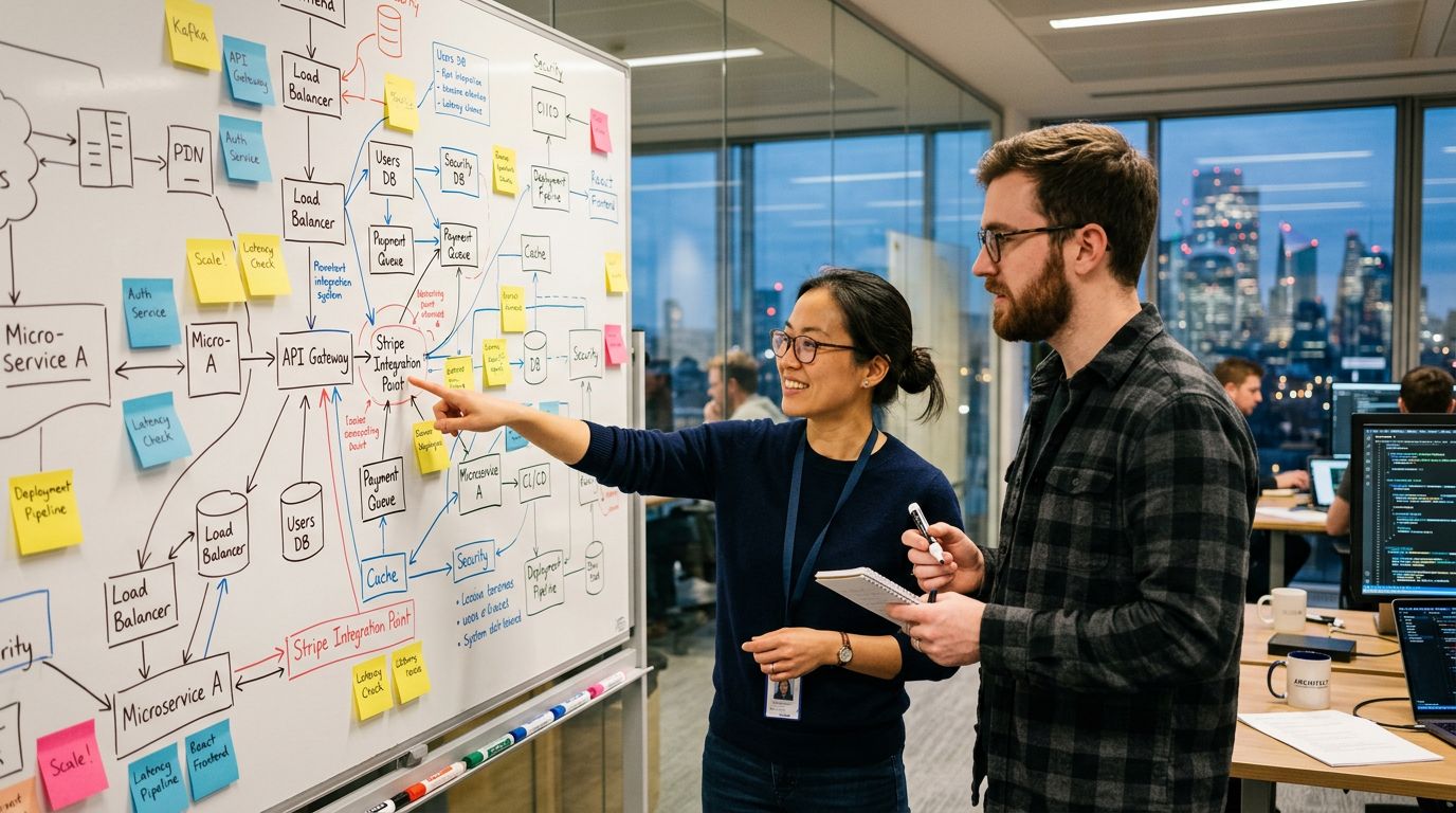 Software architect designing custom application architecture on a whiteboard