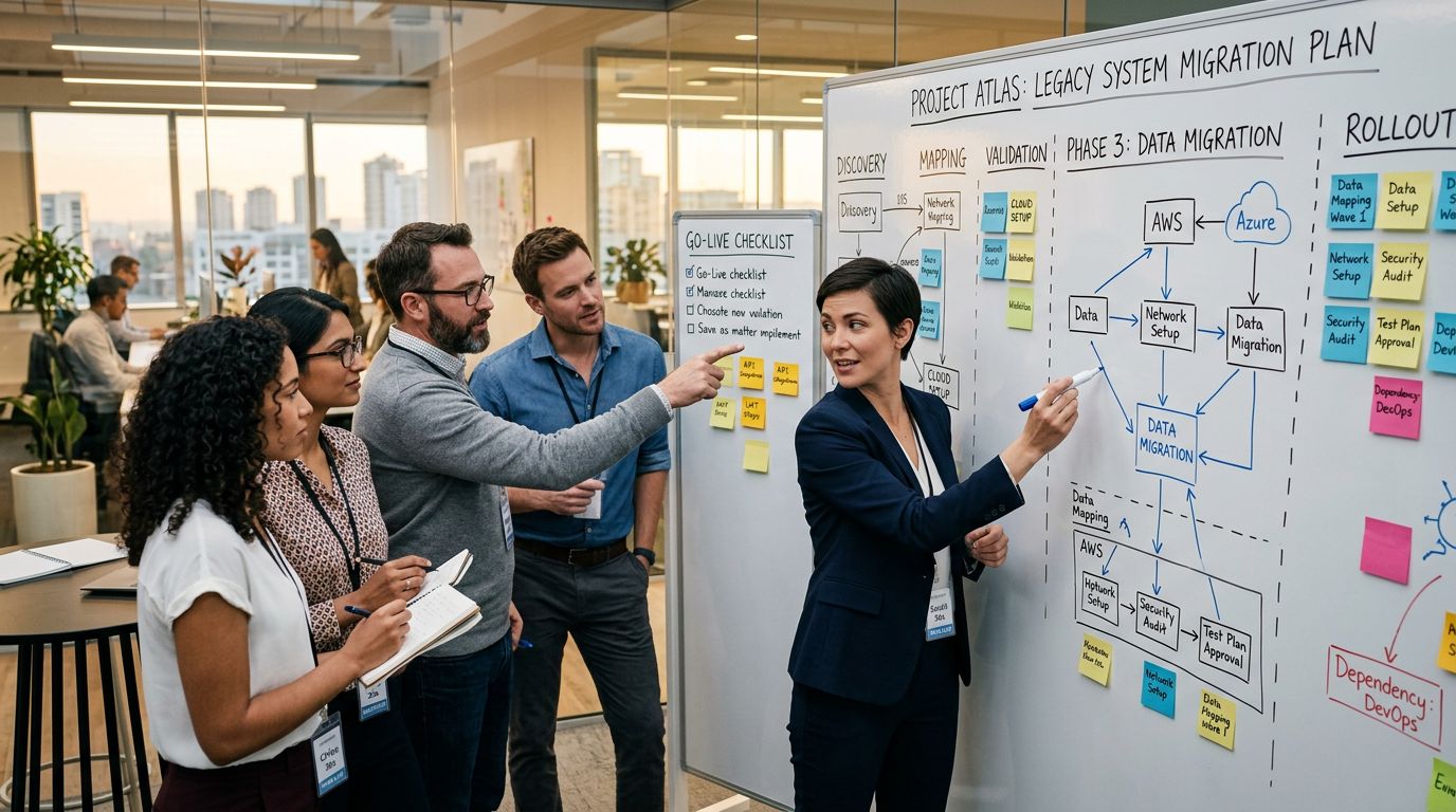 Cross-functional team reviewing an e-commerce migration roadmap during sprint planning