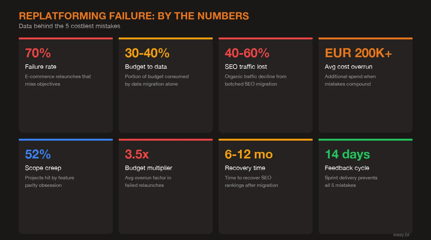 Infographic: key data and statistics for 5 E-Commerce Replatforming Mistakes That Cost More Than the Migration