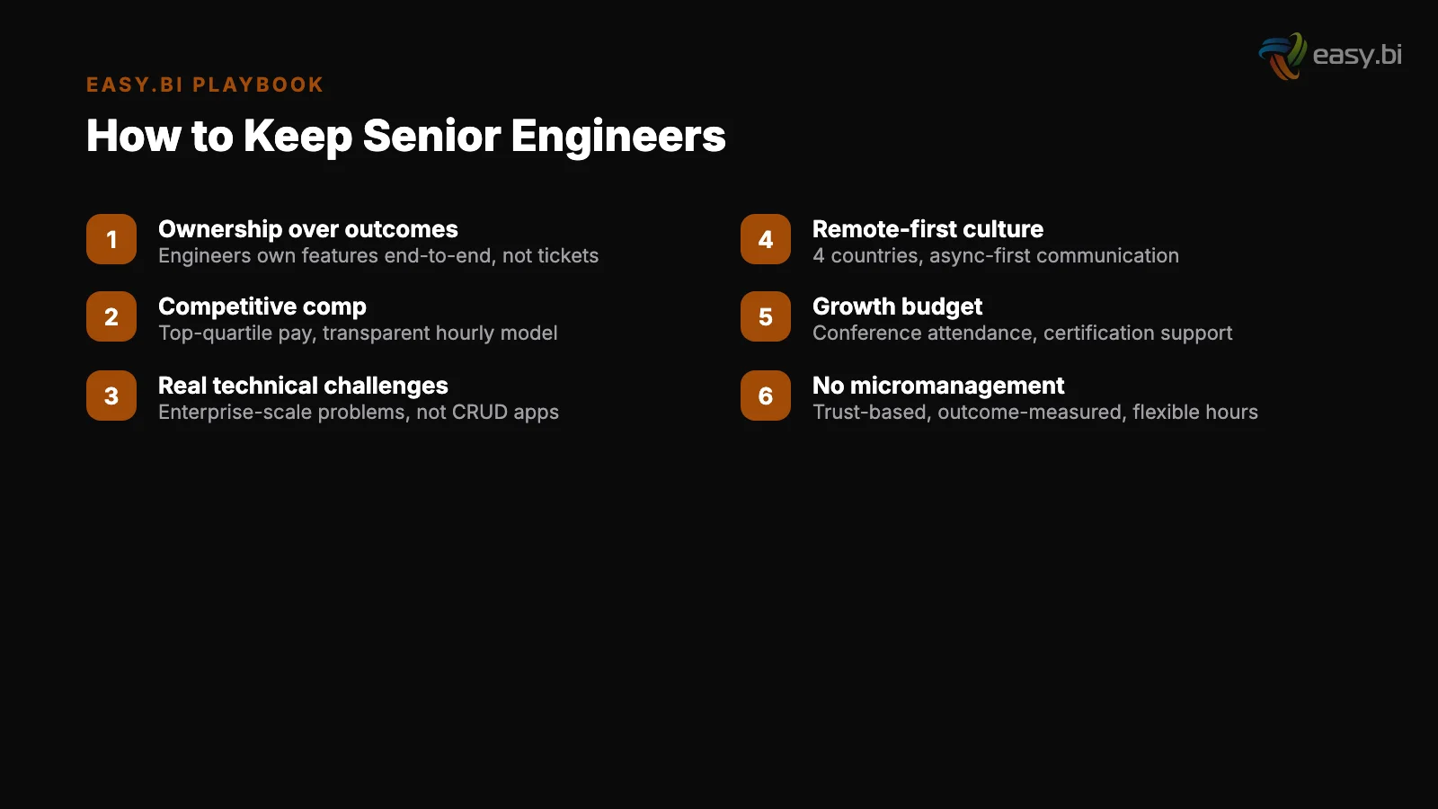 Infographic: engineer retention playbook - ownership, competitive pay, technical challenges, remote culture