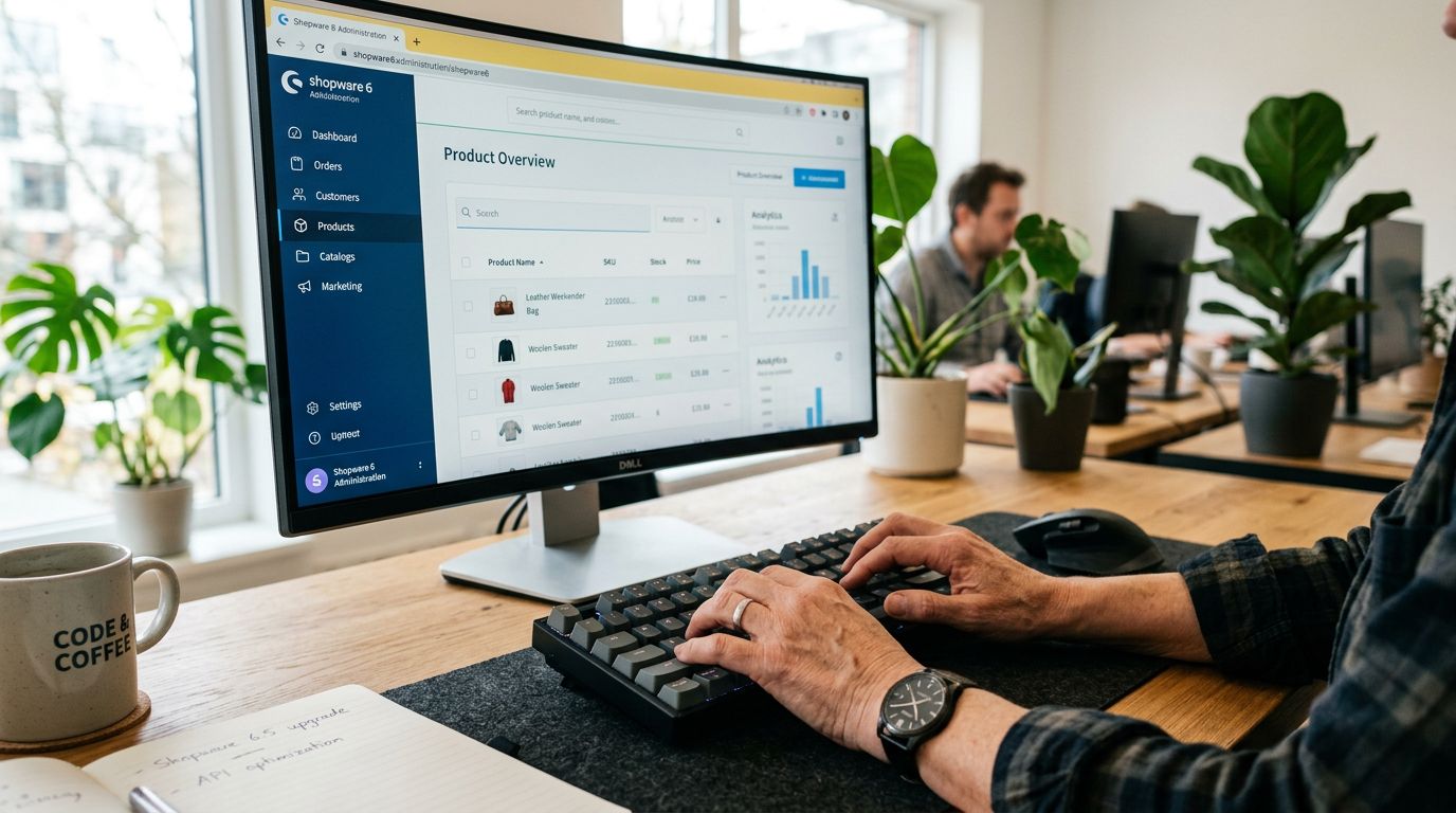 Shopware enterprise e-commerce admin dashboard showing product management and order processing
