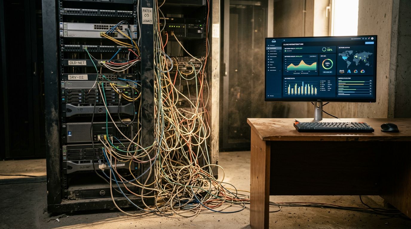 Aging on-premise server room contrasted with modern cloud infrastructure dashboard