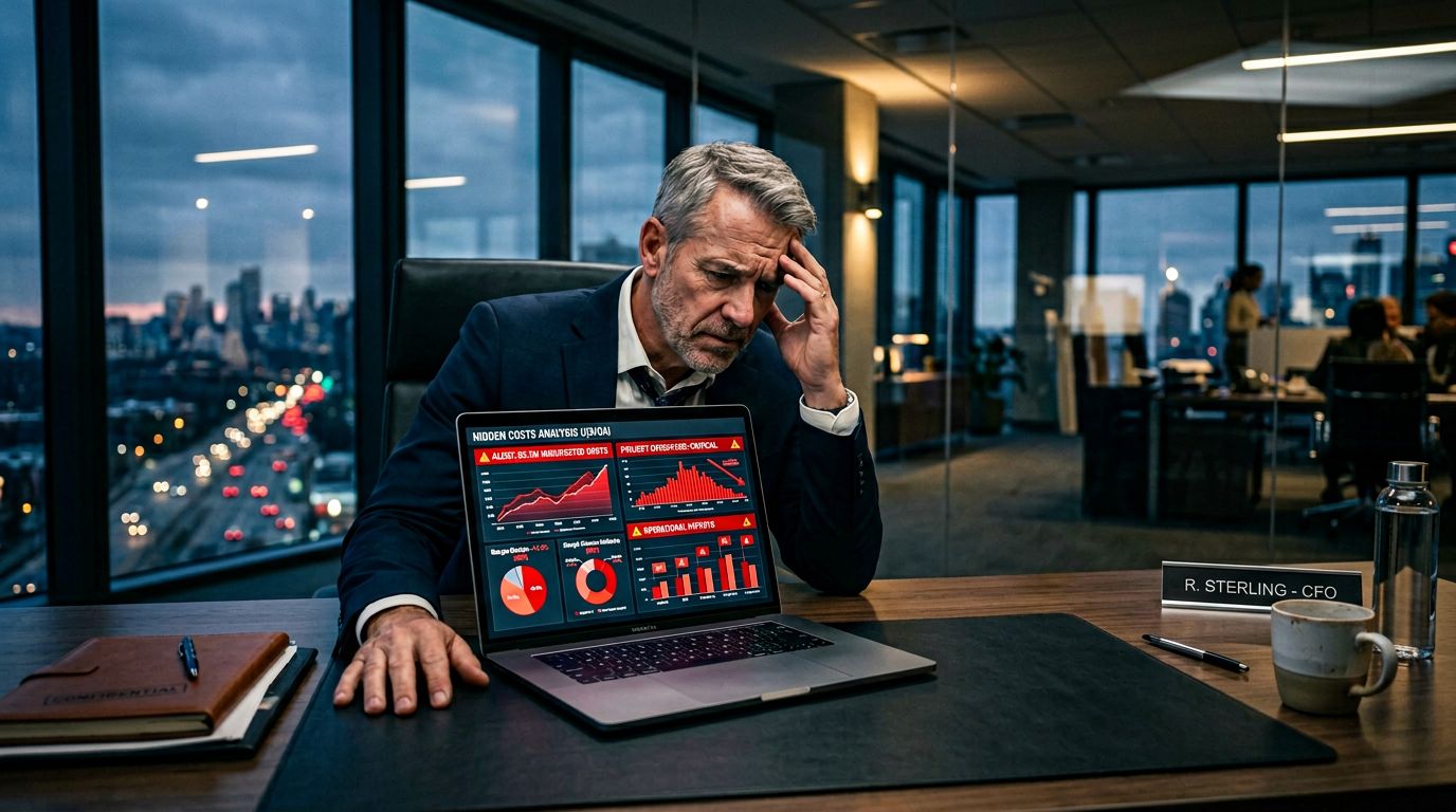 CFO reviewing hidden cost analysis of legacy system maintenance and technical debt
