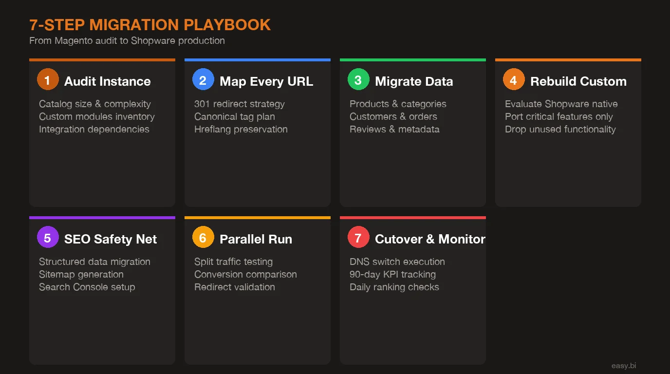 Infographic: process overview for How to Migrate From Magento to Shopware Without Losing SEO Rankings