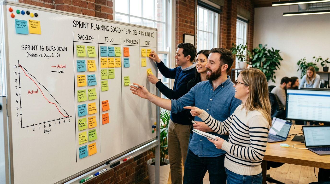 Agile sprint planning board for REWE e-commerce continuous delivery workflow