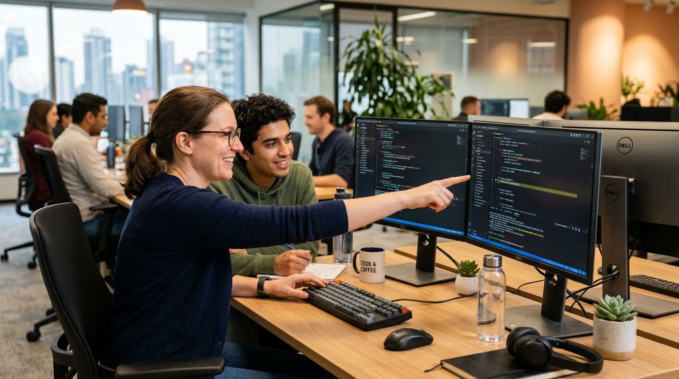 Senior engineer mentoring a junior developer during a pair programming session