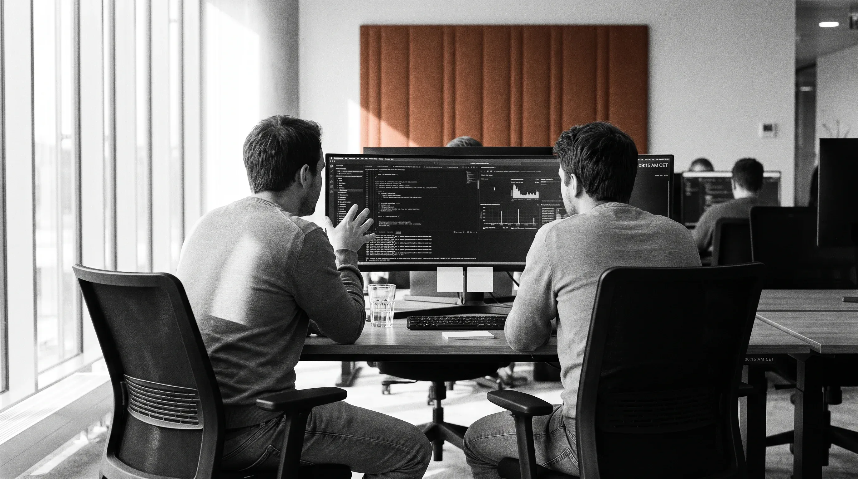 Conveys distributed engineers collaborating in real time during a shared review, illustrating that structured process, not physical proximity, drives team performance.