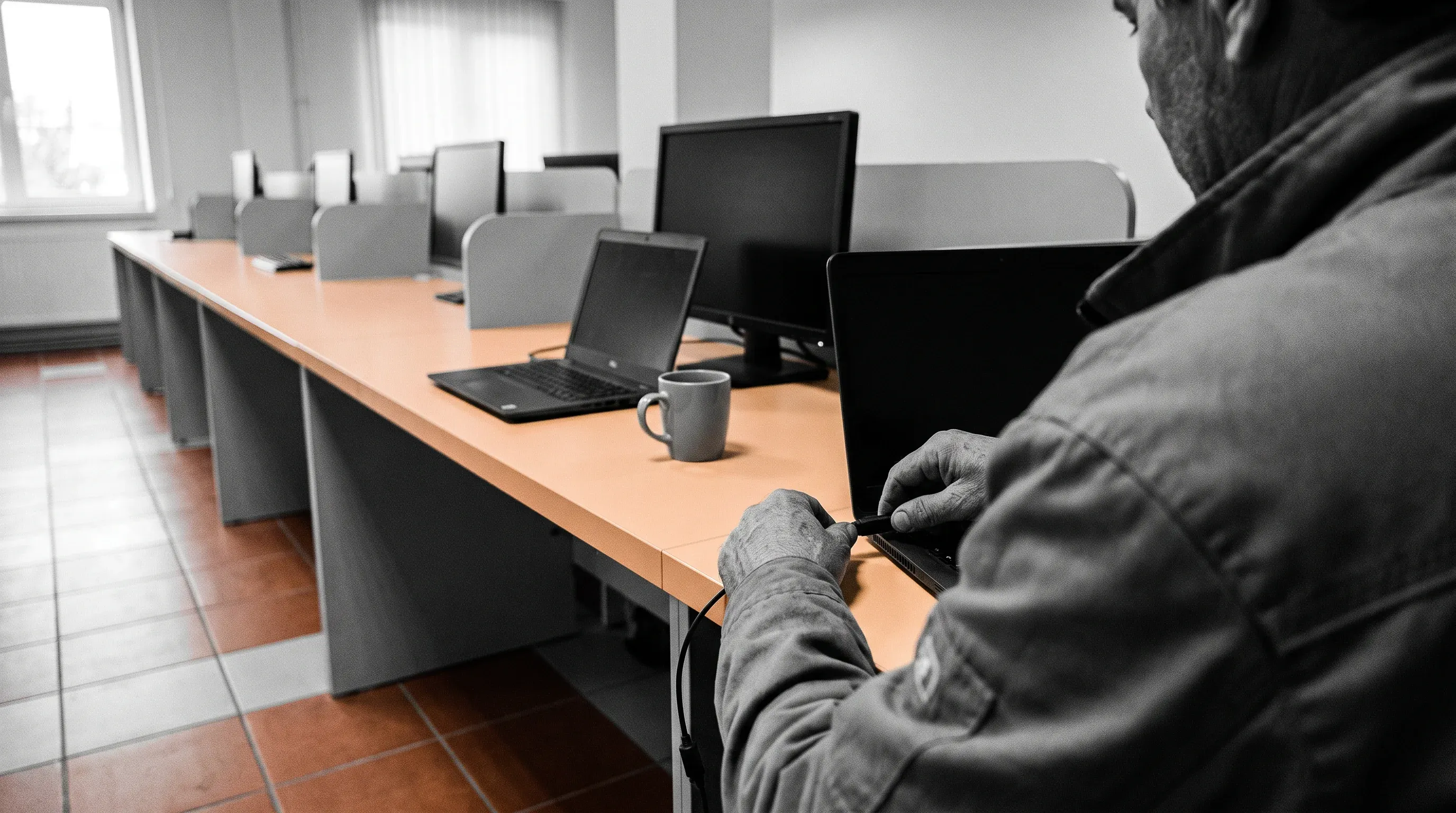 Illustrates staff augmentation as interchangeable capacity: a contractor plugging into a temporary shared desk for a short-term task.
