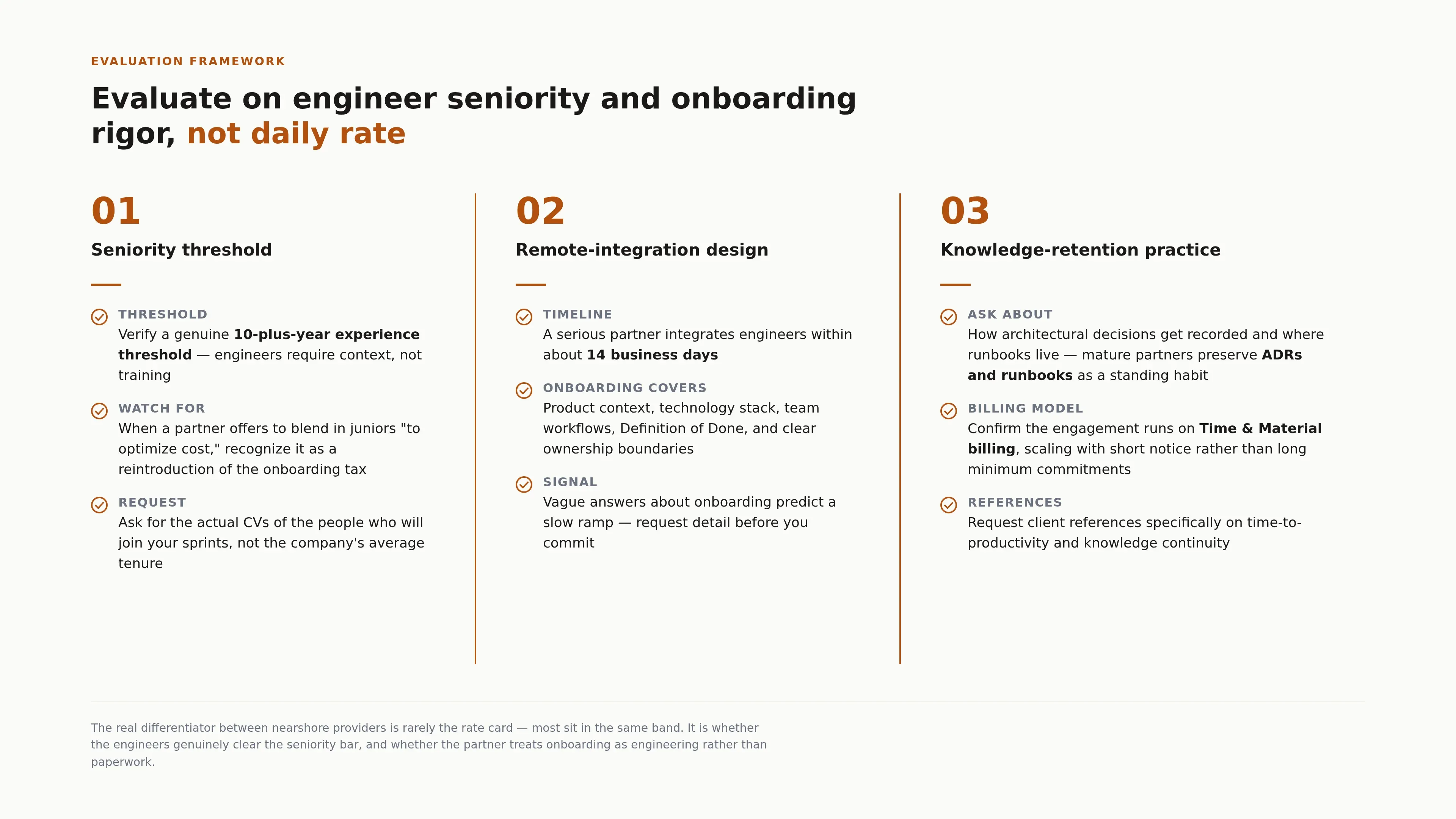 Conveys the criteria for evaluating a nearshore partner on seniority and onboarding rigor rather than daily rate.